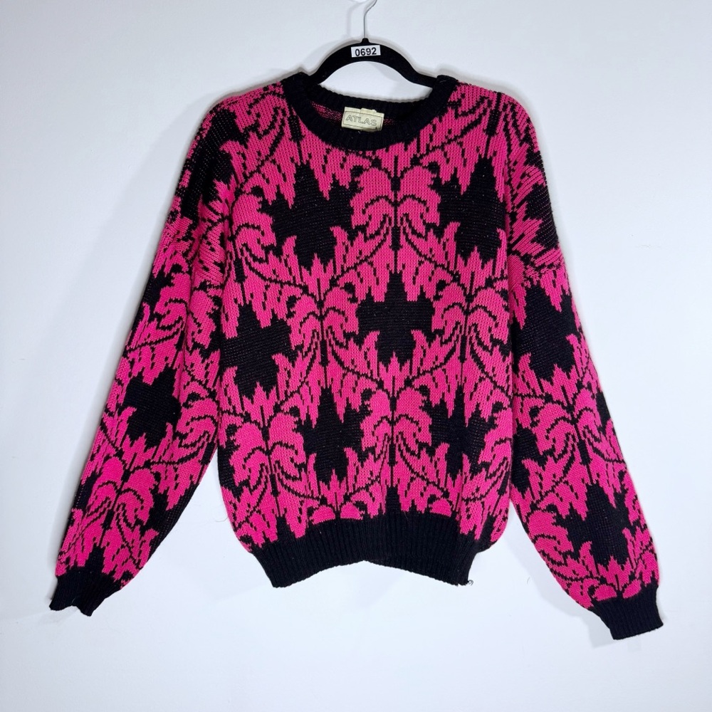 Vintage Atlas Sweater Pink Black Floral Jacquard Oversized 80s 90s Large